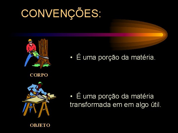 CONVENÇÕES: • É uma porção da matéria. CORPO • É uma porção da matéria