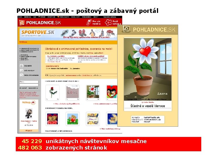 POHLADNICE. sk - poštový a zábavný portál 45 229 unikátnych návštevníkov mesačne 482 063