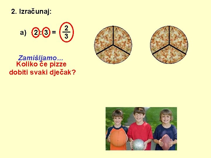 2. Izračunaj: a) 2: 3 = 2 __ 3 Zamišljamo… Koliko će pizze dobiti