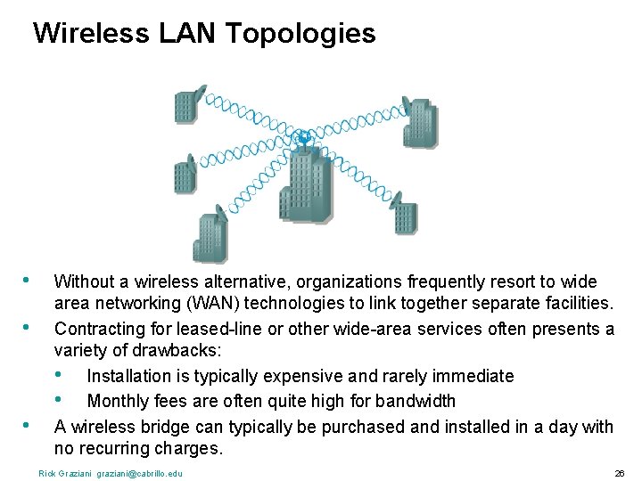 Wireless LAN Topologies • • • Without a wireless alternative, organizations frequently resort to