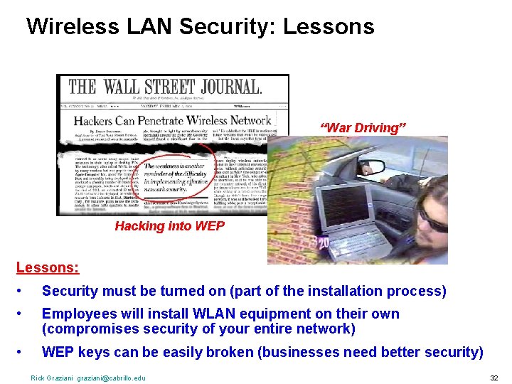 Wireless LAN Security: Lessons “War Driving” Hacking into WEP Lessons: • Security must be