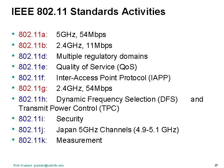 IEEE 802. 11 Standards Activities • • • 802. 11 a: 5 GHz, 54