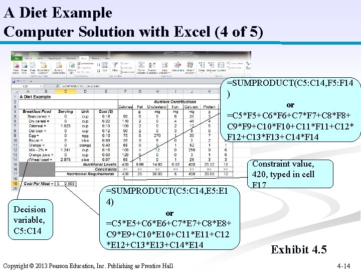 A Diet Example Computer Solution with Excel (4 of 5) =SUMPRODUCT(C 5: C 14,