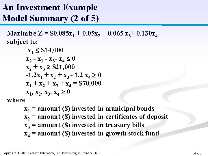 An Investment Example Model Summary (2 of 5) Maximize Z = $0. 085 x