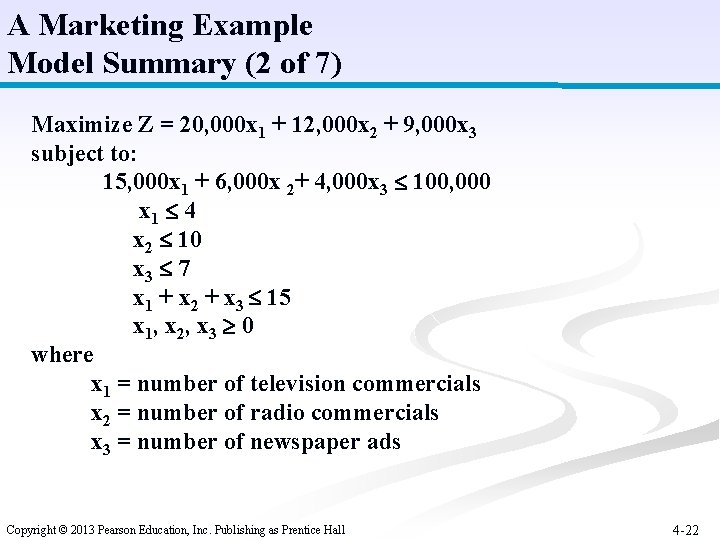 A Marketing Example Model Summary (2 of 7) Maximize Z = 20, 000 x