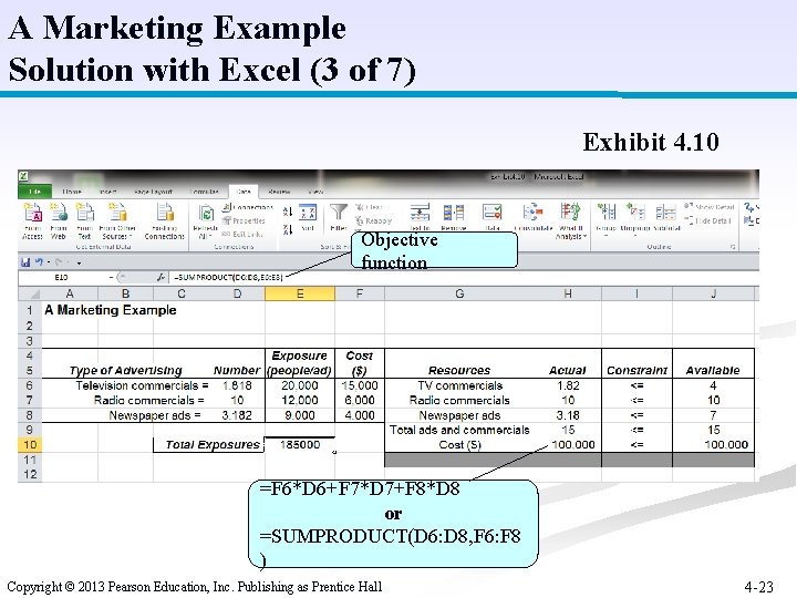 A Marketing Example Solution with Excel (3 of 7) Exhibit 4. 10 Objective function