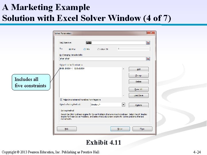 A Marketing Example Solution with Excel Solver Window (4 of 7) Includes all five