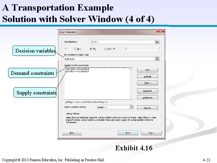 A Transportation Example Solution with Solver Window (4 of 4) Decision variables Demand constraints