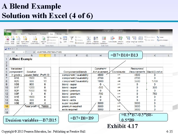 A Blend Example Solution with Excel (4 of 6) =B 7+B 10+B 13 Decision