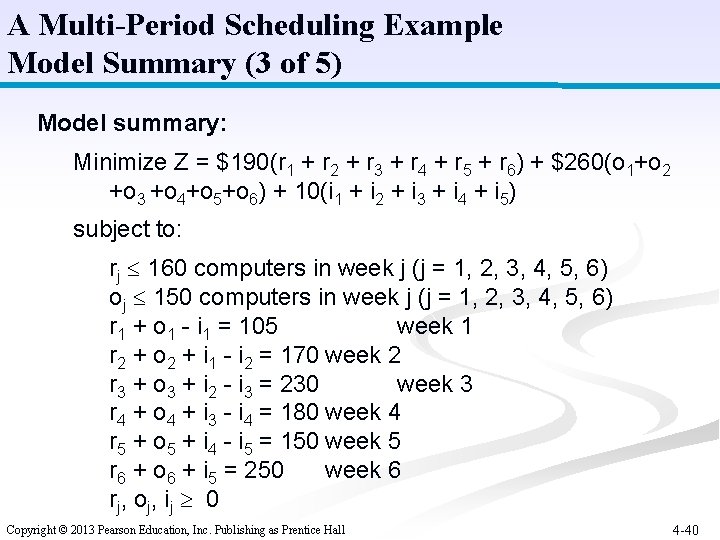A Multi-Period Scheduling Example Model Summary (3 of 5) Model summary: Minimize Z =