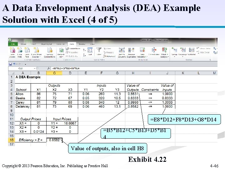 A Data Envelopment Analysis (DEA) Example Solution with Excel (4 of 5) =E 8*D