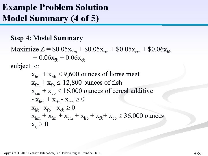 Example Problem Solution Model Summary (4 of 5) Step 4: Model Summary Maximize Z