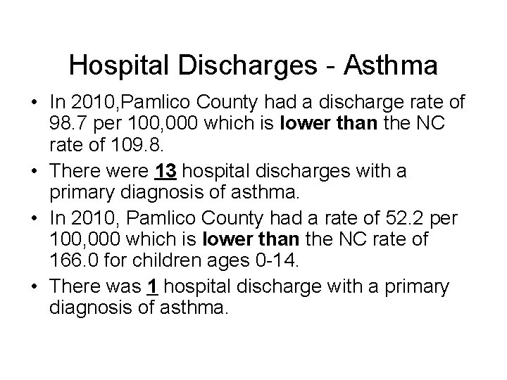 Hospital Discharges - Asthma • In 2010, Pamlico County had a discharge rate of