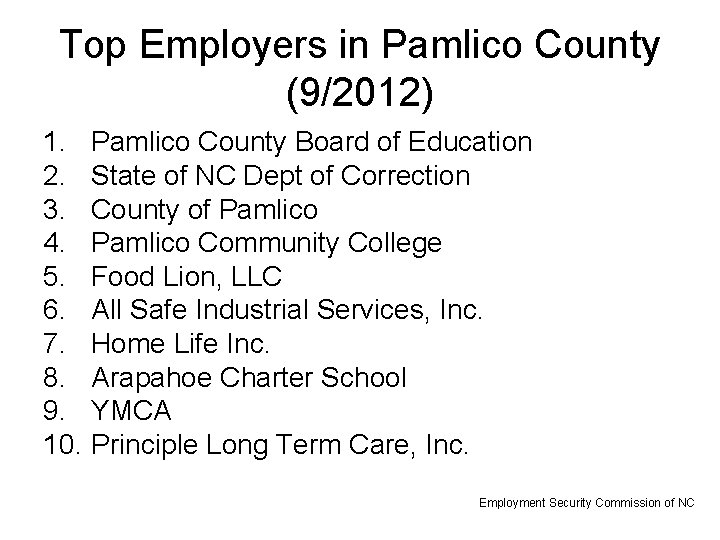 Top Employers in Pamlico County (9/2012) 1. Pamlico County Board of Education 2. State