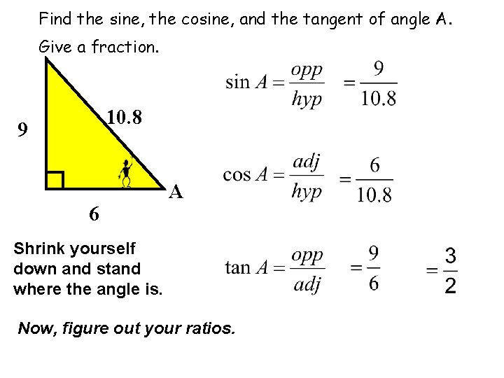 Find the sine, the cosine, and the tangent of angle A. Give a fraction.