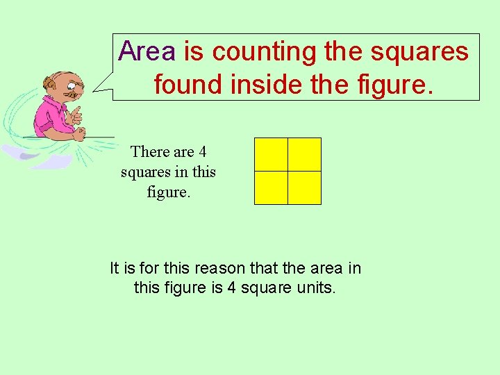 Area is counting the squares found inside the figure. There are 4 squares in