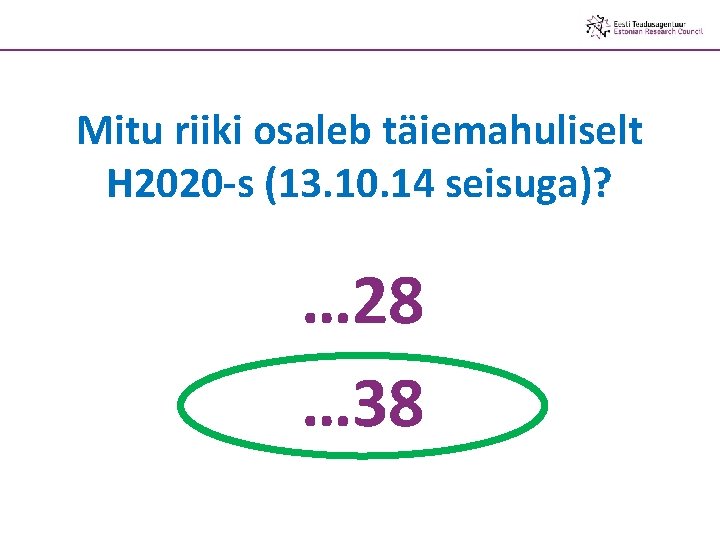 Mitu riiki osaleb täiemahuliselt H 2020 -s (13. 10. 14 seisuga)? … 28 …