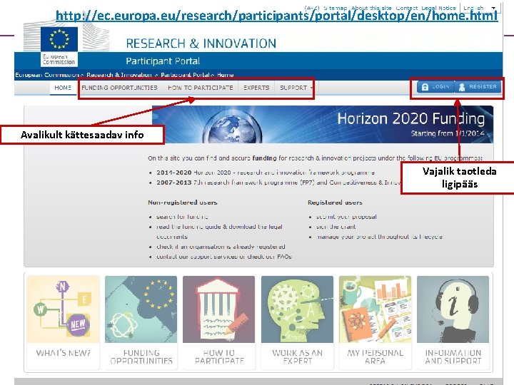 http: //ec. europa. eu/research/participants/portal/desktop/en/home. html Avalikult kättesaadav info Vajalik taotleda ligipääs 