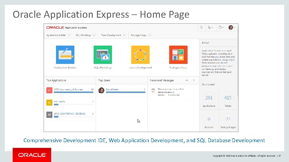 Oracle Application Express – Home Page Comprehensive Development IDE, Web Application Development, and SQL