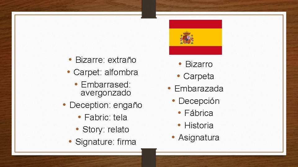  • Bizarre: extraño • Carpet: alfombra • Embarrased: avergonzado • Deception: engaño •