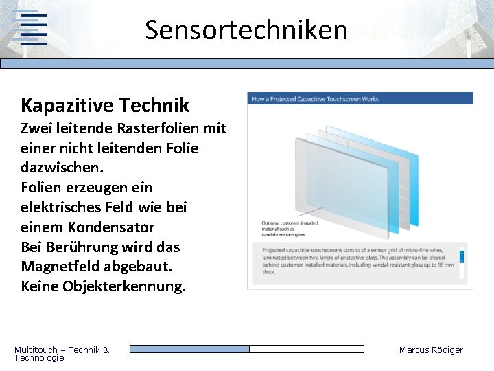 Sensortechniken Kapazitive Technik Zwei leitende Rasterfolien mit einer nicht leitenden Folie dazwischen. Folien erzeugen