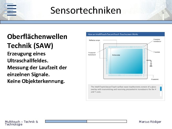 Sensortechniken Oberflächenwellen Technik (SAW) Erzeugung eines Ultraschallfeldes. Messung der Laufzeit der einzelnen Signale. Keine