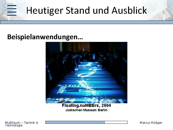 Heutiger Stand und Ausblick Beispielanwendungen… Float. Ing. nu. MBErs, 2004 Jüdischen Museum Berlin Multitouch