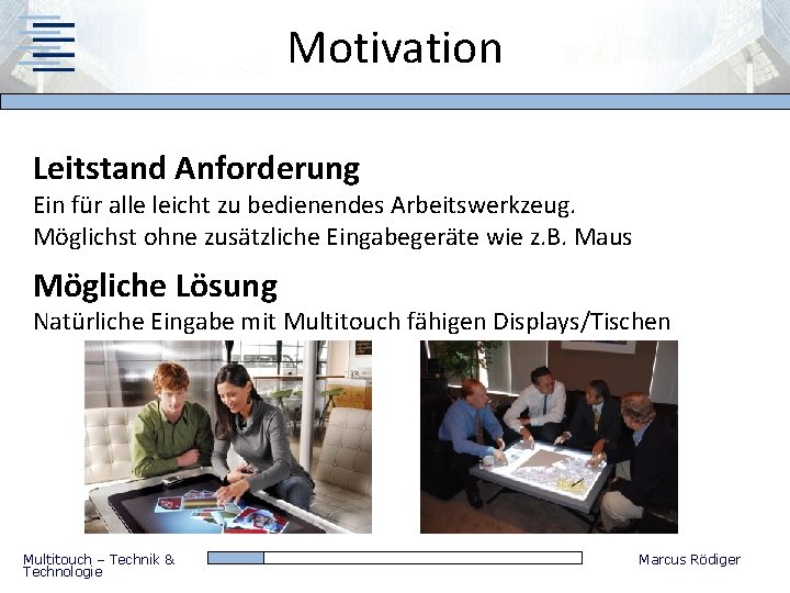 Motivation Leitstand Anforderung Ein für alle leicht zu bedienendes Arbeitswerkzeug. Möglichst ohne zusätzliche Eingabegeräte