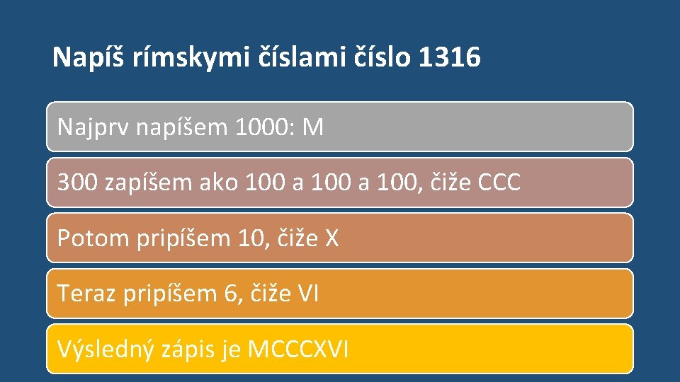 Napíš rímskymi číslami číslo 1316 Najprv napíšem 1000: M 300 zapíšem ako 100 a