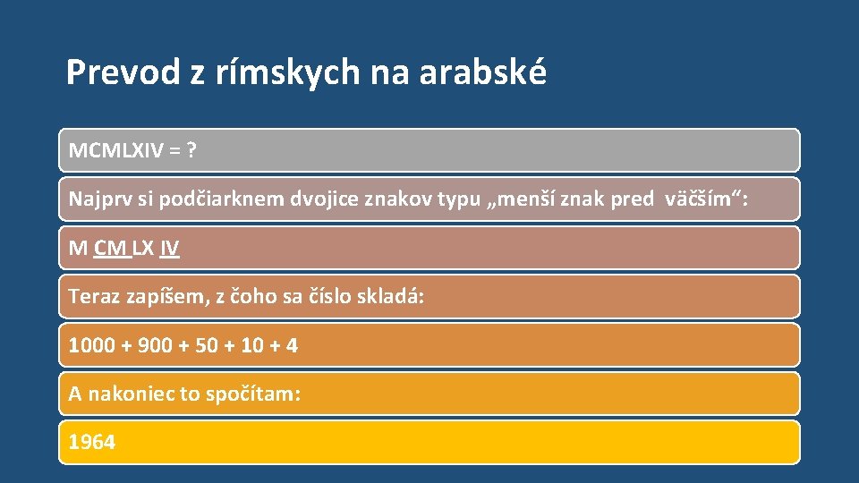 Prevod z rímskych na arabské MCMLXIV = ? Najprv si podčiarknem dvojice znakov typu