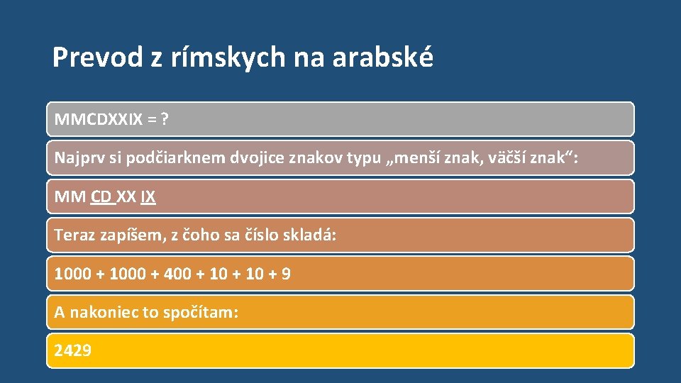 Prevod z rímskych na arabské MMCDXXIX = ? Najprv si podčiarknem dvojice znakov typu