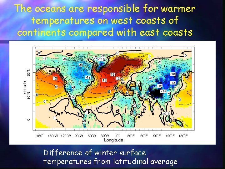 The oceans are responsible for warmer temperatures on west coasts of continents compared with