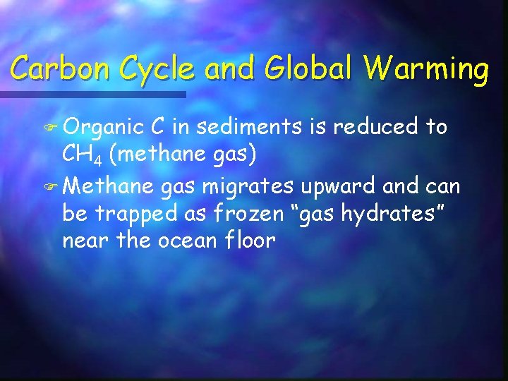 Carbon Cycle and Global Warming F Organic C in sediments is reduced to CH