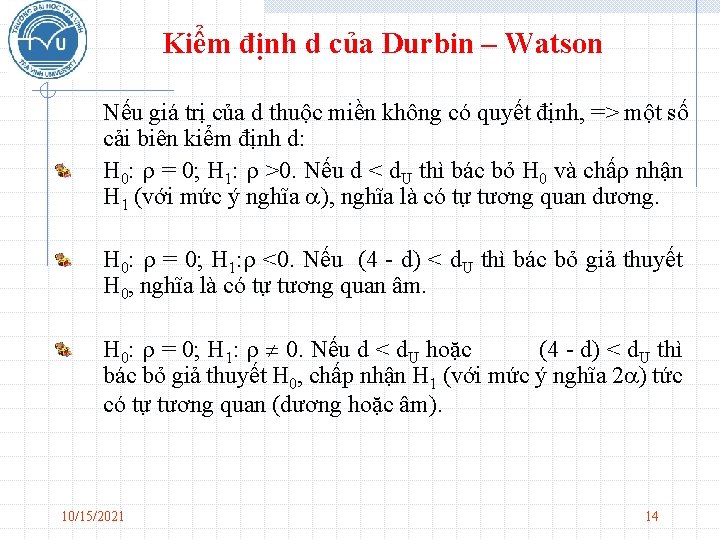 Kiểm định d của Durbin – Watson Nếu giá trị của d thuộc miền Kiểm định d của Durbin – Watson Nếu giá trị của d thuộc miền