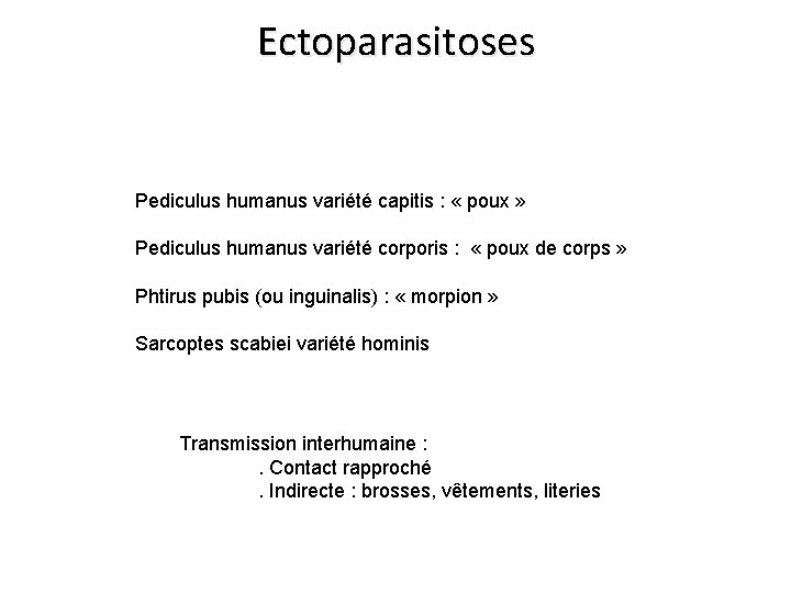 Ectoparasitoses Pediculus humanus variété capitis : « poux » Pediculus humanus variété corporis :