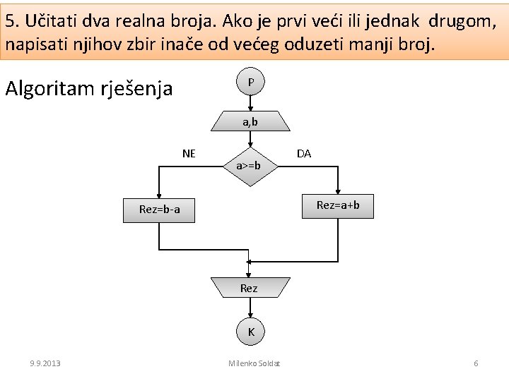 5. Učitati dva realna broja. Ako je prvi veći ili jednak drugom, napisati njihov