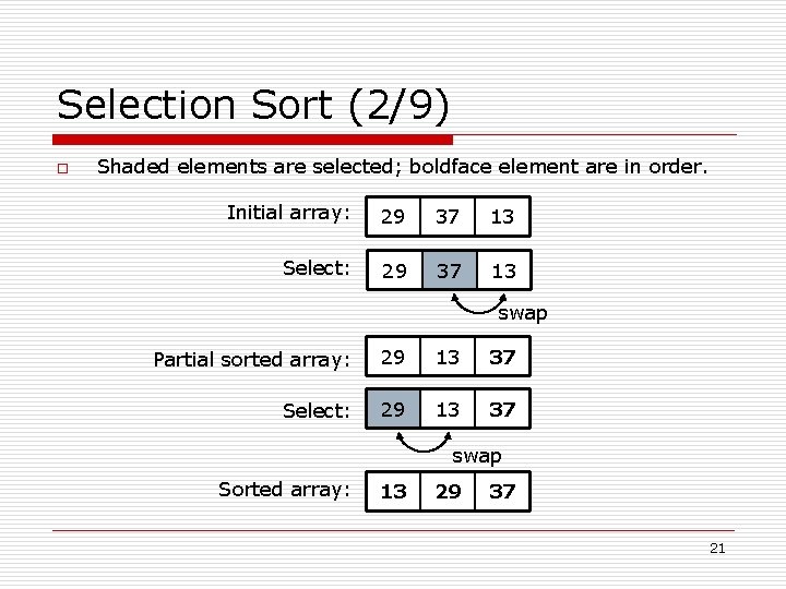 Selection Sort (2/9) o Shaded elements are selected; boldface element are in order. Initial