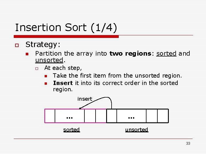 Insertion Sort (1/4) o Strategy: n Partition the array into two regions: sorted and