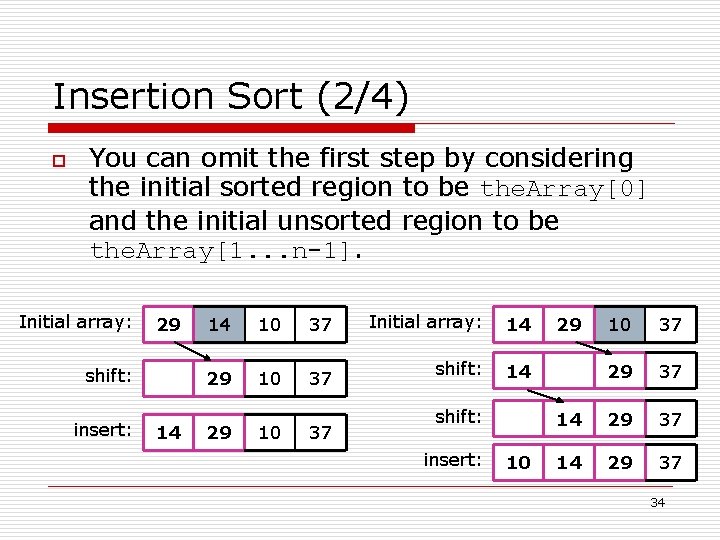 Insertion Sort (2/4) o You can omit the first step by considering the initial