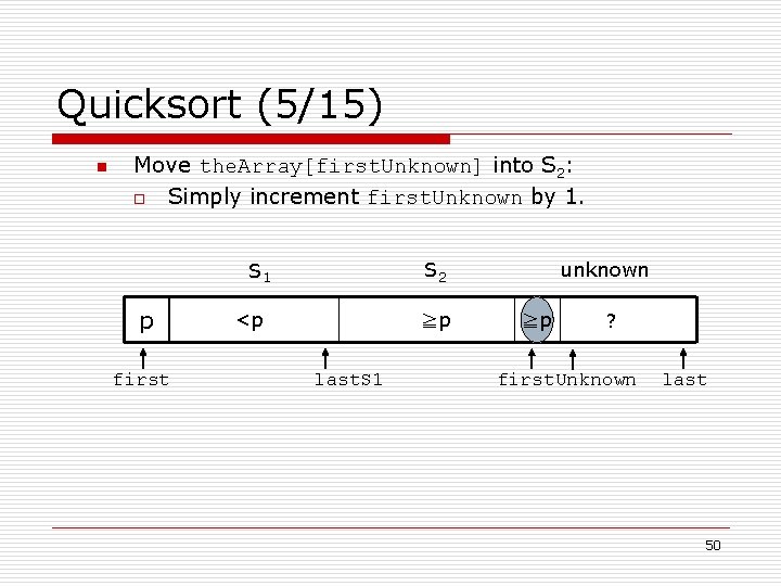 Quicksort (5/15) n Move the. Array[first. Unknown] into S 2: o Simply increment first.
