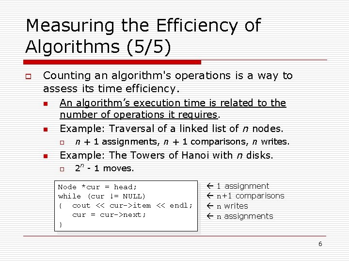 Measuring the Efficiency of Algorithms (5/5) o Counting an algorithm's operations is a way