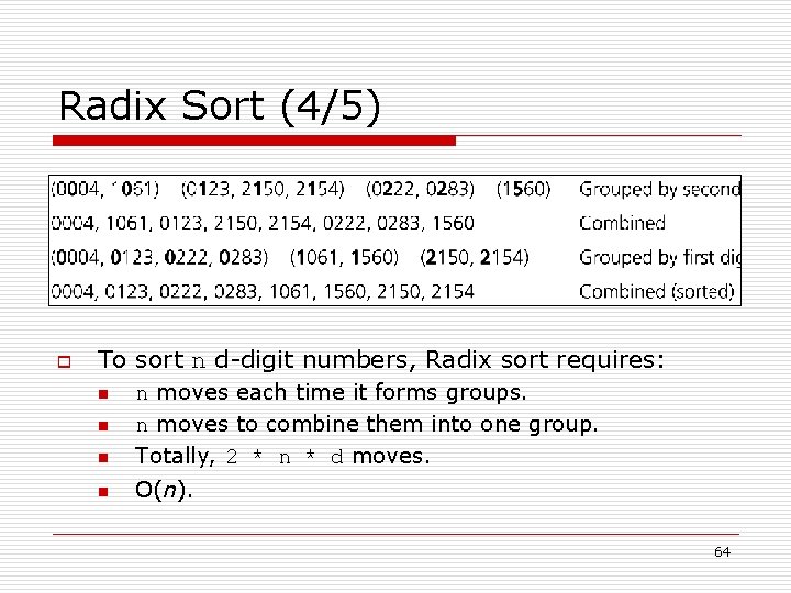 Radix Sort (4/5) o To sort n d-digit numbers, Radix sort requires: n n