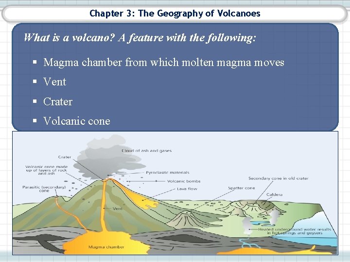 Chapter 3: The Geography of Volcanoes What is a volcano? A feature with the