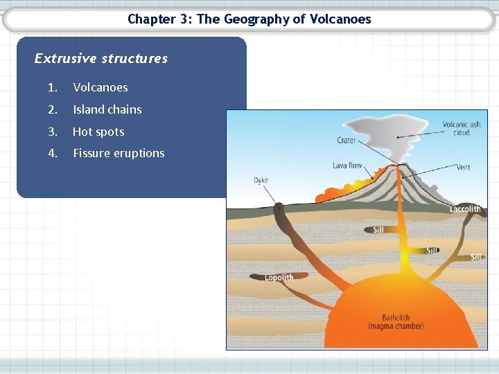 Chapter 3: The Geography of Volcanoes Extrusive structures 1. Volcanoes 2. Island chains 3.