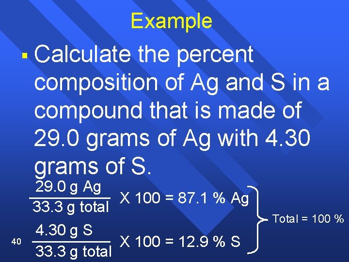 Example § Calculate the percent composition of Ag and S in a compound that