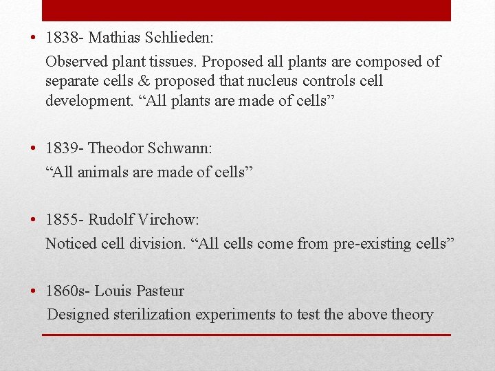  • 1838 - Mathias Schlieden: Observed plant tissues. Proposed all plants are composed
