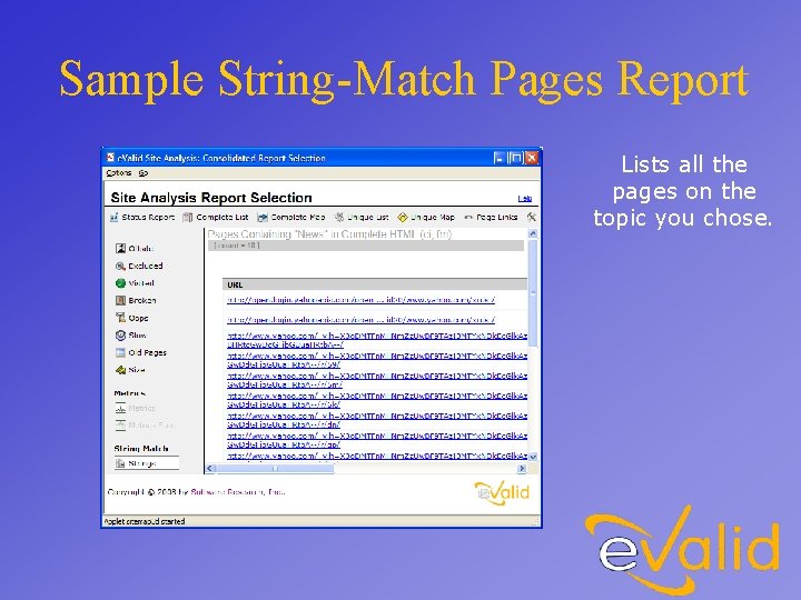Sample String-Match Pages Report Lists all the pages on the topic you chose. 
