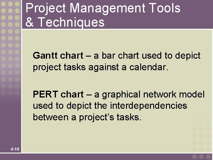 Project Management Tools & Techniques Gantt chart – a bar chart used to depict