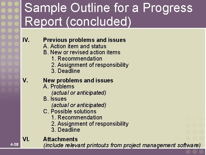 Sample Outline for a Progress Report (concluded) 4 -38 IV. Previous problems and issues