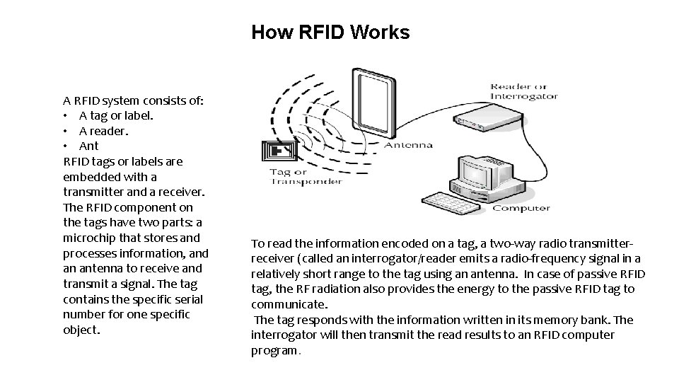 How RFID Works A RFID system consists of: • A tag or label. •